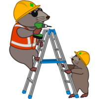 脚立作業 脚立で作業をしている工事モグラを支えている子どもモグラのイラスト