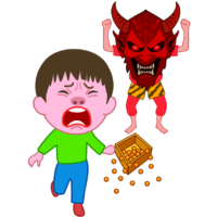 節分 節分の鬼のお面がこわくて、泣きだした豆まきの男の子のイラスト
