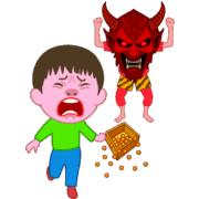 節分の鬼のお面がこわくて、泣きだした豆まきの男の子のイラスト