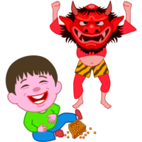 間抜けな鬼 豆まきで、間抜けな鬼のお面に大笑いしている男の子のイラスト