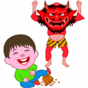 豆まきで、間抜けな鬼のお面に大笑いしている男の子のイラスト