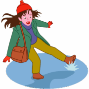 滑る雪道に足をとられ、転びそうな若い女性のイラスト