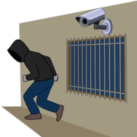 防犯カメラ 防犯カメラを見て引き返している侵入者のイラスト