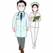 女性看護師を伴って病棟を巡回している男性医師のイラスト