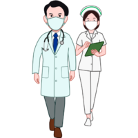 女性看護師を伴って病棟を巡回している男性医師のイラスト