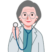 診察のために聴診器をあてようとしているベテラン女医のイラスト