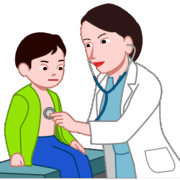 聴診器をあてて子どもを診察している女性医師のイラスト