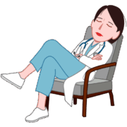 激務で疲れてしまい、椅子に座って居眠りしている女性医師のイラスト