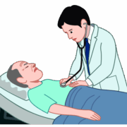 入院患者を診察している若い男性医師のイラスト