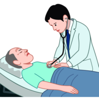 入院患者を診察している若い男性医師のイラスト