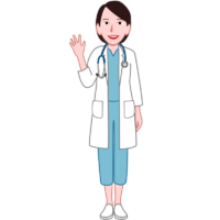 笑顔で手を振っている若い女性医師のイラスト