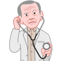 神妙な顔つきで、聴診器をあてている老医師のイラスト