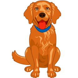 お座りしてお客様をお出迎えしている茶色の犬のイラスト