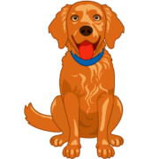 お座りしてお客様をお出迎えしている茶色の犬のイラスト