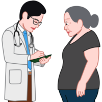 太った女性の患者に問診している痩せた男性医師のイラスト