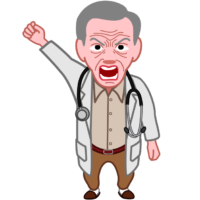 拳を振り上げて激怒している老医師のイラスト