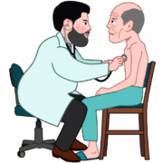 痩せた老人を診察している太ったお医者さんのイラスト