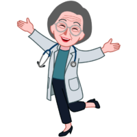 嬉しさのあまり小躍りして喜んでいるベテラン女医のイラスト