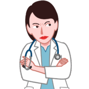 腕組みをして難しい表情で考え込んでいる女性医師のイラスト