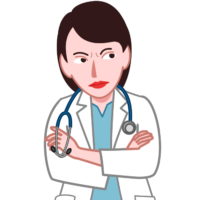 腕組みをして難しい表情で考え込んでいる女性医師のイラスト