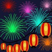 花火と祭り提灯 夜空を彩る花火と祭り提灯のイラスト