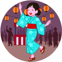浴衣姿で盆踊りを踊っている若い女性のイラスト