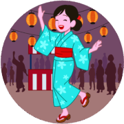 浴衣姿で盆踊りを踊っている若い女性のイラスト