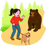 遊歩道にクマ 森の遊歩道を散歩中にクマに出くわした女性のイラスト