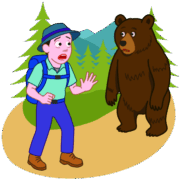 ハイキング中にクマ ハイキング中に山道でクマと遭遇した登山者のイラスト
