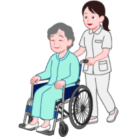 介護士が高齢者を車椅子で優しくサポートしているイラスト