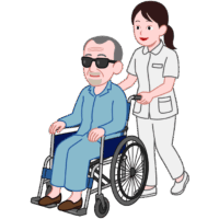 視覚障害者の老人を車椅子に乗せて介助している介護士のイラスト