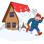 落雪危険 屋根からの落雪に、あわてて逃げている男性のイラスト