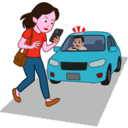 歩きスマホ 歩きスマホに夢中で、自動車にひかれそうになった女性のイラスト