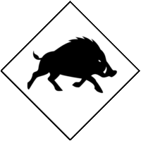 猪の突進危険「注意喚起サイン」のイラスト・白色地に黒枠線、図は黒と白