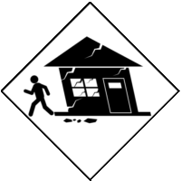 老朽家屋倒壊危険「注意喚起サイン」のイラスト・白色地に黒枠線、図は黒