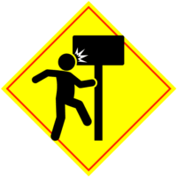 歩行中の障害物危険「注意喚起サイン」のイラスト・黄色地に赤枠線、図は黒と白