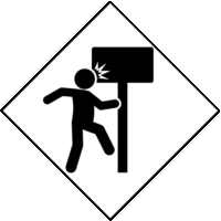 歩行中の障害物危険「注意喚起サイン」のイラスト・白色地に黒枠線、図は黒と白