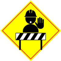 工事中につき止まれ「注意喚起サイン」のイラスト・黄色地に赤枠線、図は黒と白