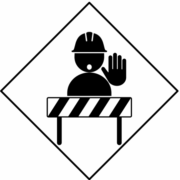 工事中止まれ02 工事中につき止まれ「注意喚起サイン」のイラスト・白色地に黒枠線、図は黒と白