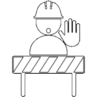 工事中につき止まれ「注意喚起サイン」のイラスト・図は白ベタに黒線縁取り