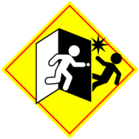 ドアを急に押して開けると危険「注意喚起サイン」のイラスト・黄色地に赤枠線、図は黒と白