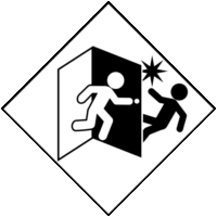 ドアを急に押して開けると危険「注意喚起サイン」のイラスト・白ベタに黒枠線、図は黒