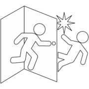 ドア開閉注意04 ドアを急に押して開けると危険「注意喚起サイン」のイラスト・図は白ベタに黒線縁取り
