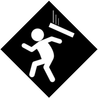 頭上注意・落下物危険の「注意喚起サイン」のイラスト・黒地に図は白抜き