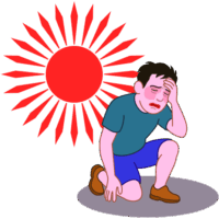 照りつける直射日光のため熱中症で座り込んでしまった男性のイラスト