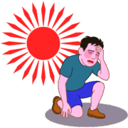 直射日光で熱中症 照りつける直射日光のため熱中症で座り込んでしまった男性のイラスト