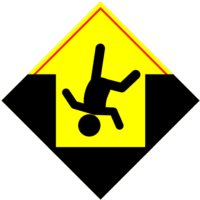 開口部に転落防止の「注意喚起サイン」のイラスト・黄色地に赤枠線、図は黒