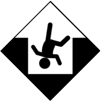 開口部に転落防止の「注意喚起サイン」のイラスト・白地に黒枠線、図は黒ベタ