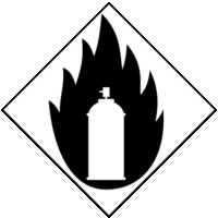 可燃物発火危険「注意喚起サイン」のイラスト・白色地に黒枠線、図は黒と白