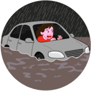 冠水道路 大雨のため冠水した道路で立ち往生している自動車のイラスト